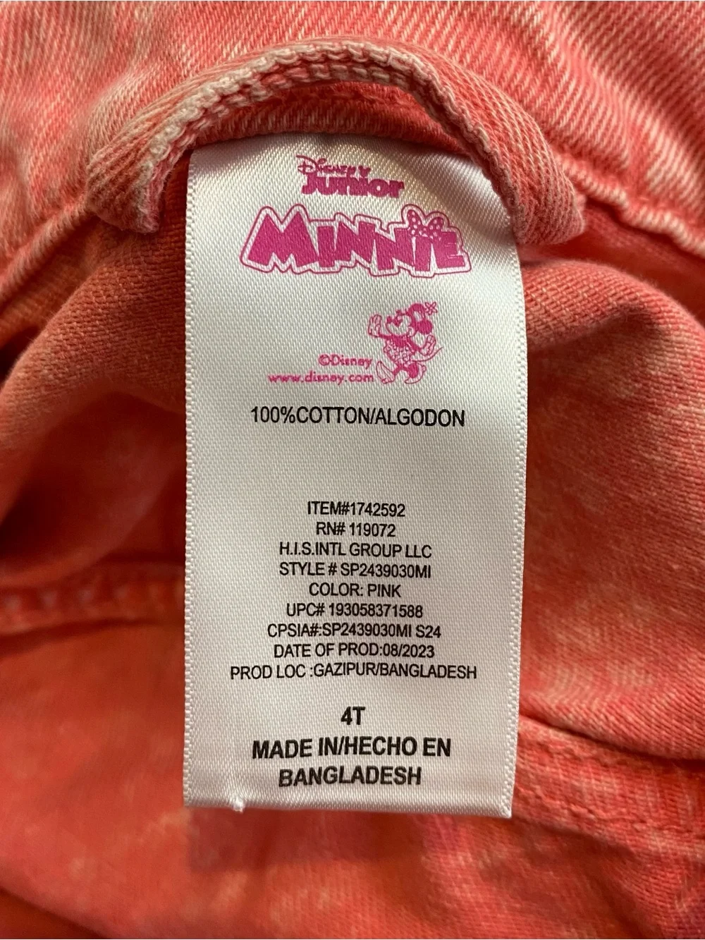 Disney Junior Sz 4T Minnie Mouse Pink Acid Wash Denim Jean Jacket